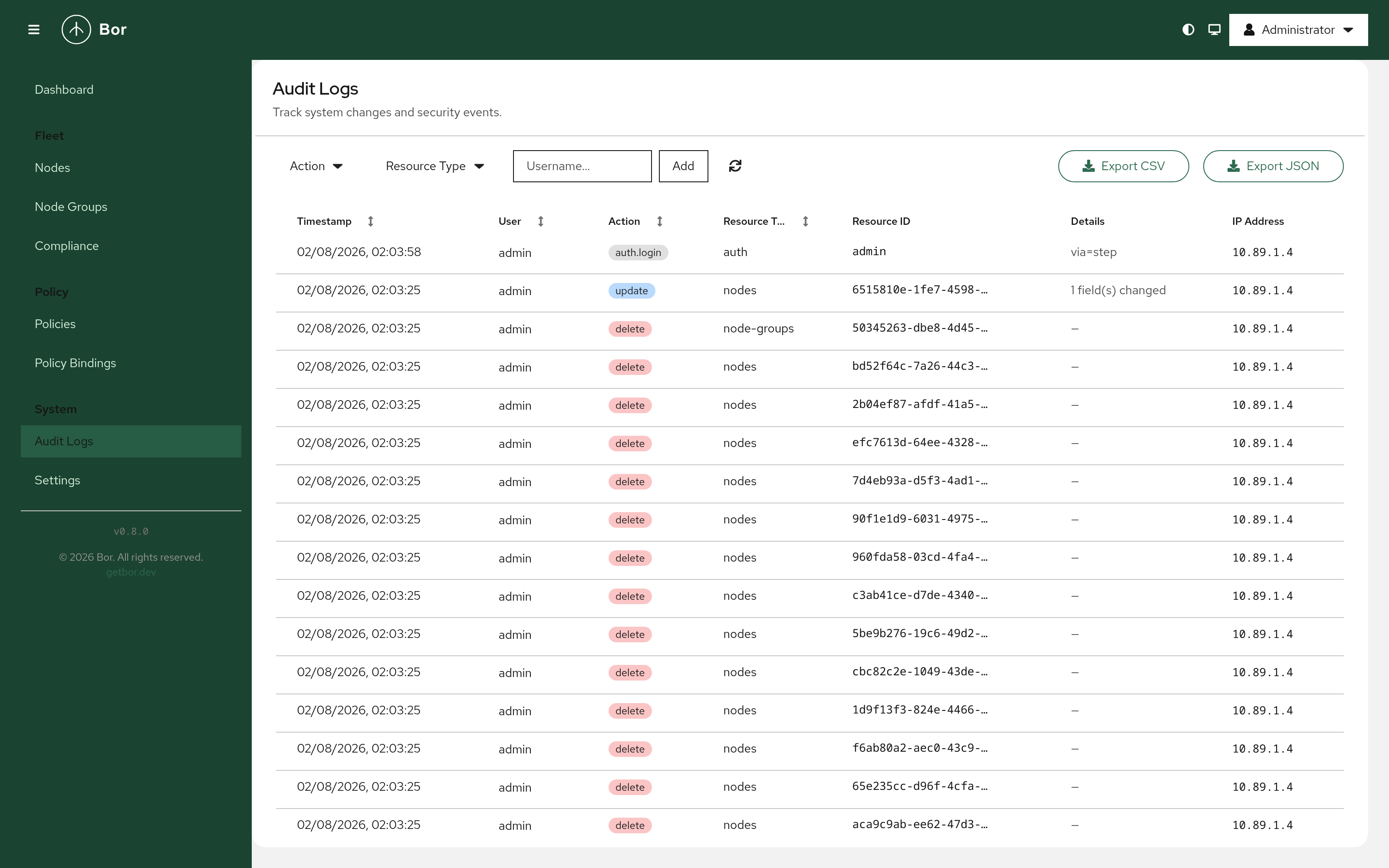 Audit logs — every login, policy change, and admin action, exportable as injection-safe CSV or JSON