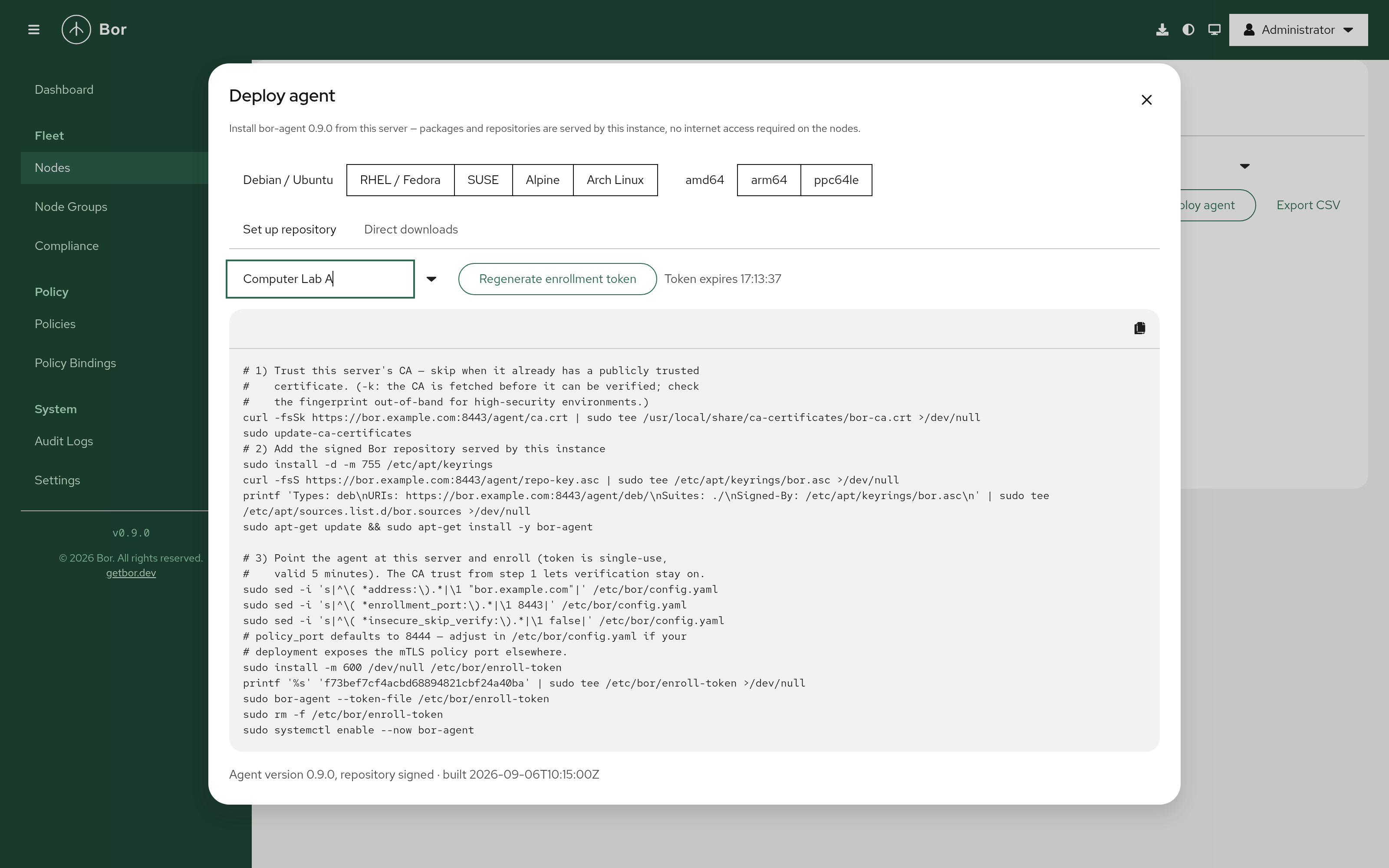 Deploy agent wizard - Debian/Ubuntu on amd64: trust the server CA, add the signed repository, install, then enroll into Computer Lab A with a one-time token