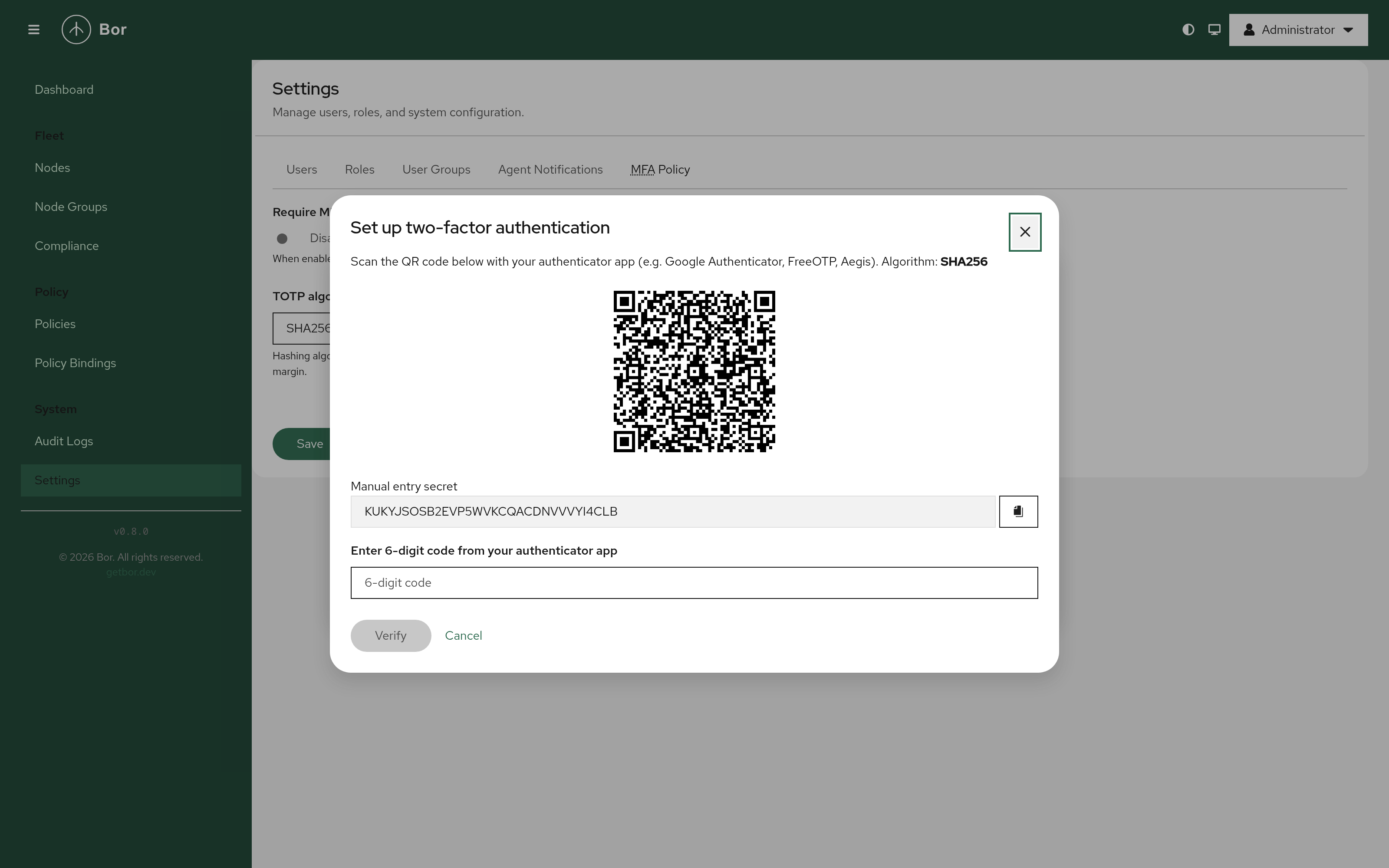 Two-factor enrollment — TOTP QR code setup