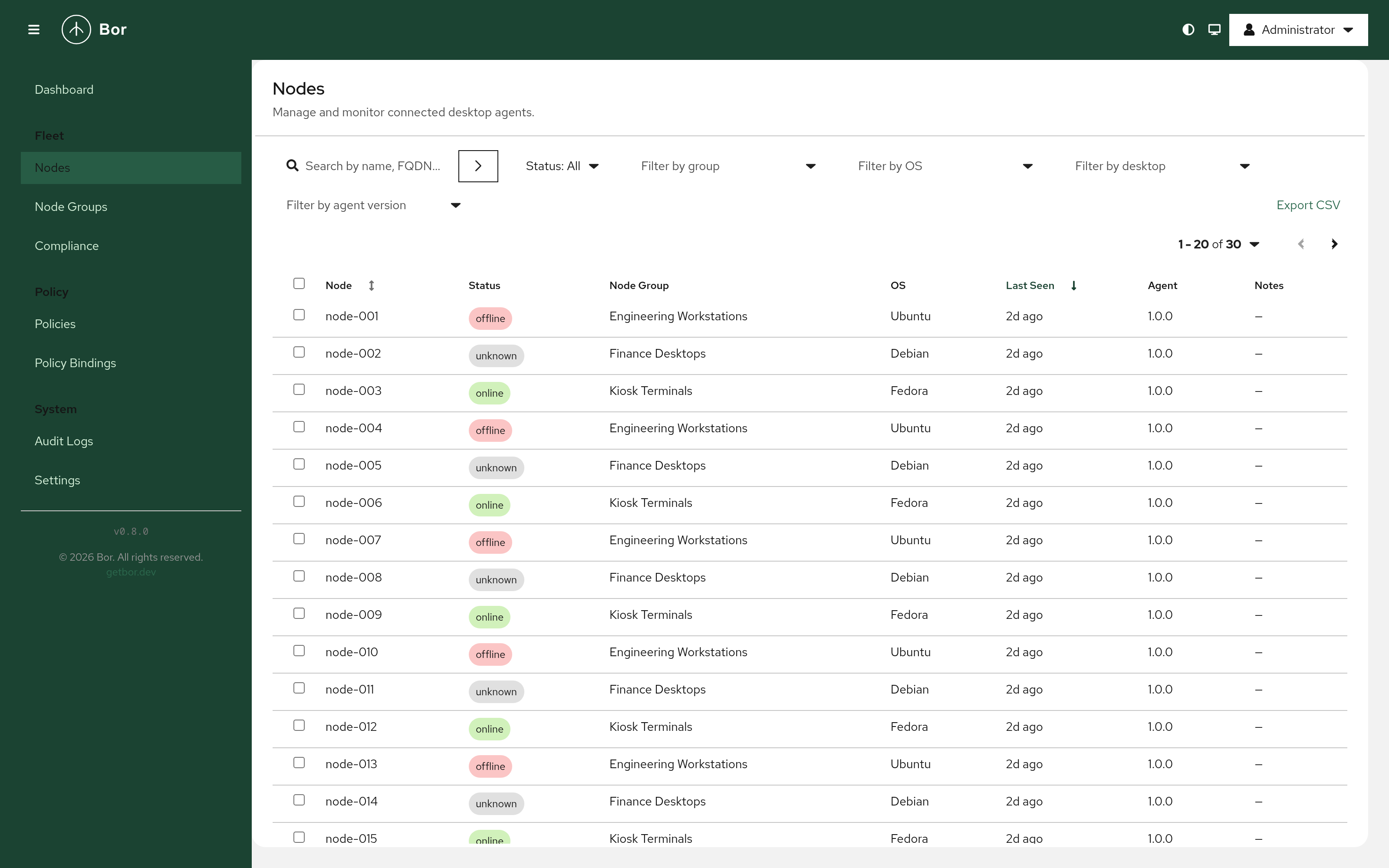 The Nodes list with server-side pagination and searchable filter dropdowns