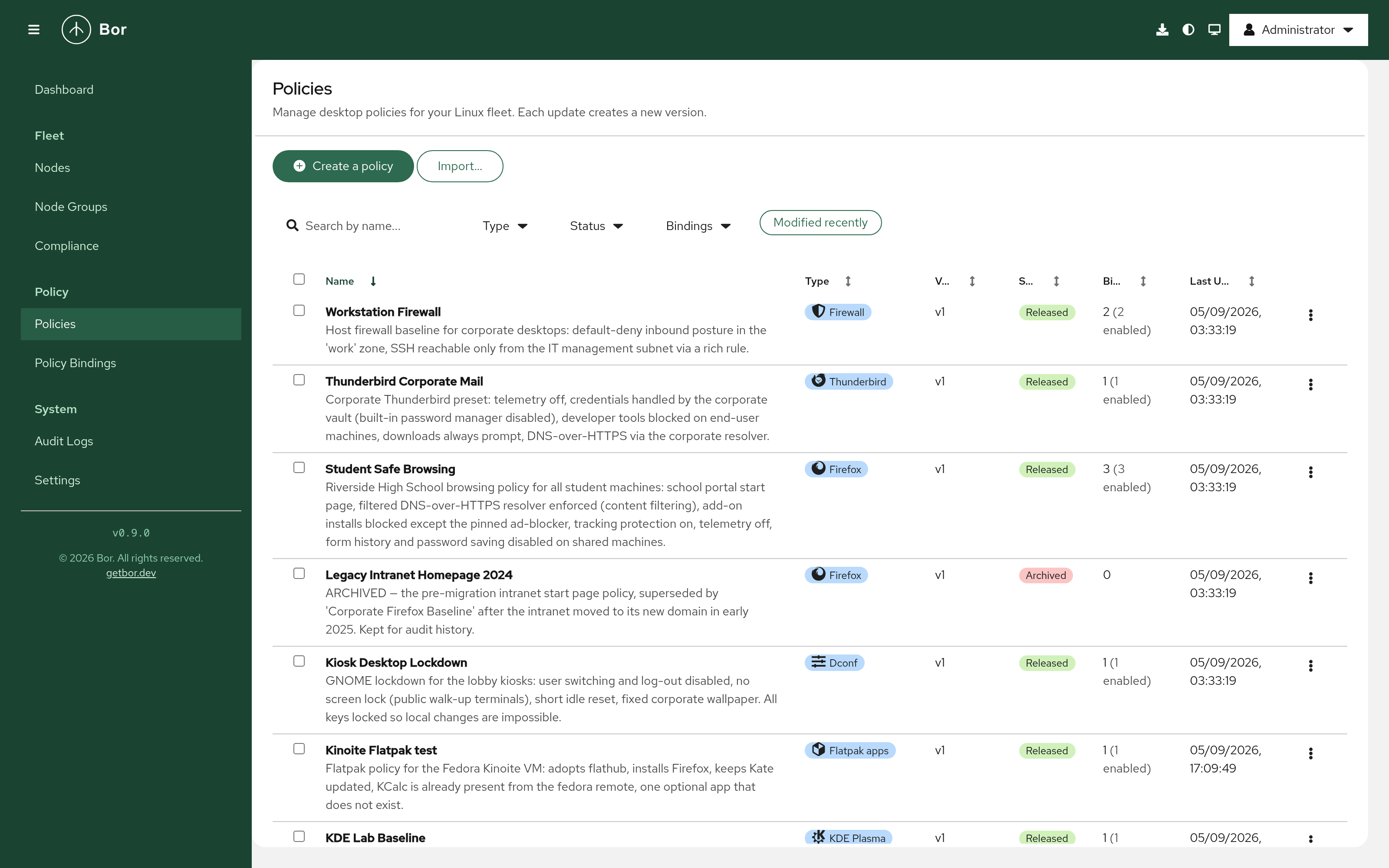 The Policies list in v0.9.0 - every type carries its mark, including the new Flatpak apps and Session Access types