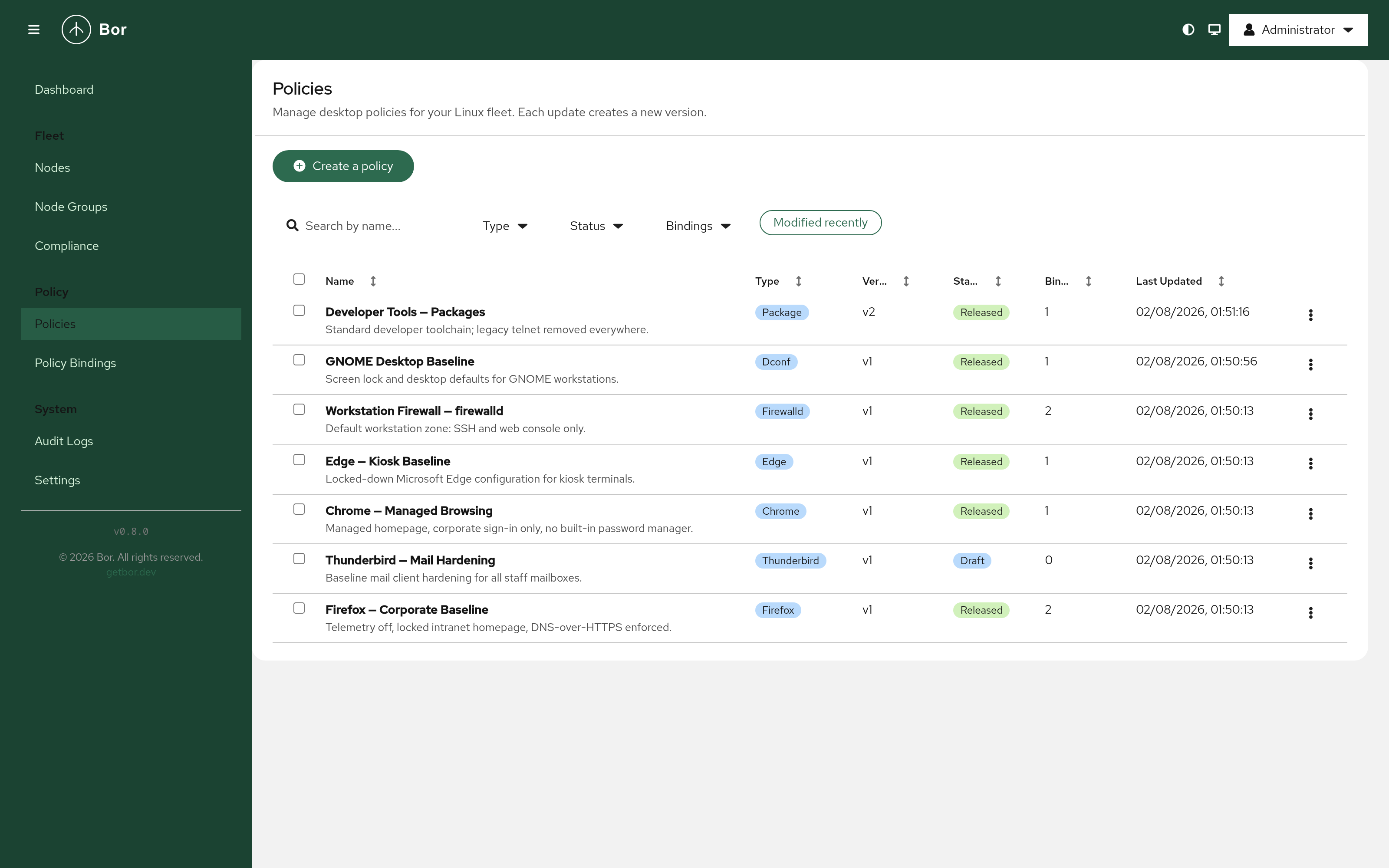 The Policies list in v0.8.0 — Thunderbird, Edge, and Firewalld join Firefox, Chrome, Package, and dconf