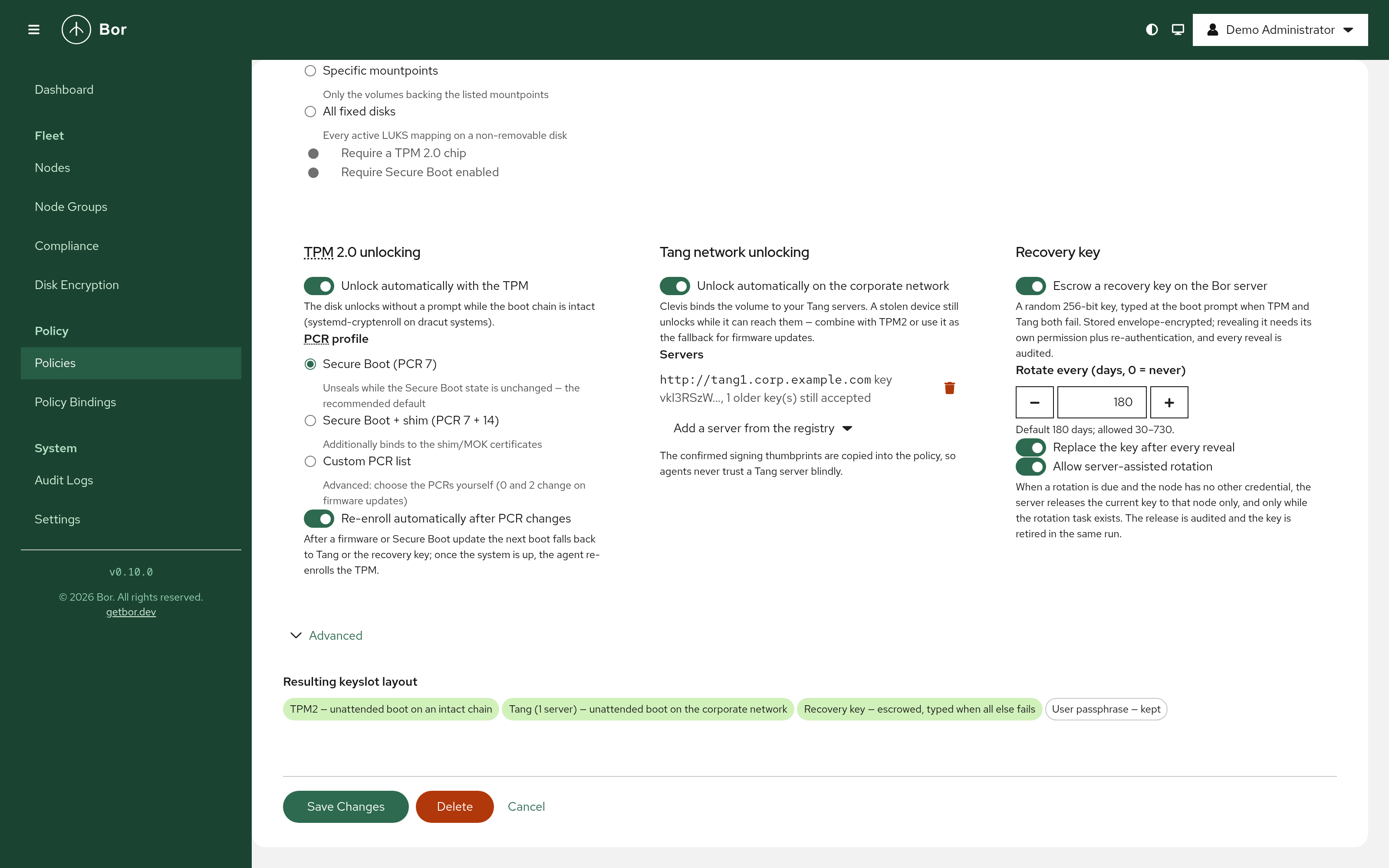 The Disk encryption policy editor - TPM 2.0 unlocking with the Secure Boot PCR profile and automatic re-enrollment, Tang network unlocking with a pinned signing key, recovery-key escrow with 180-day rotation, and the resulting keyslot layout preview
