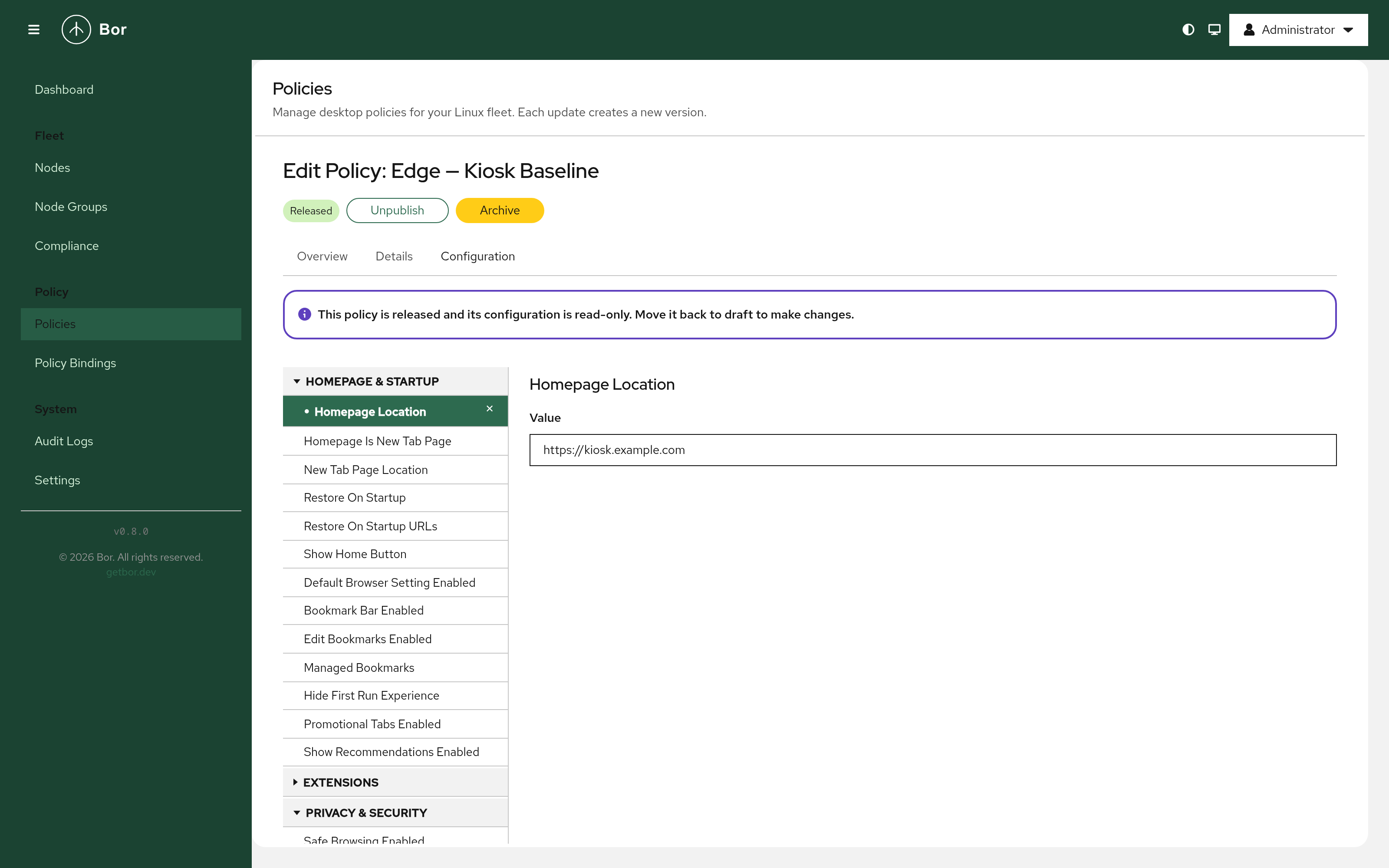 Microsoft Edge policy — a released kiosk baseline in the read-only Configuration view