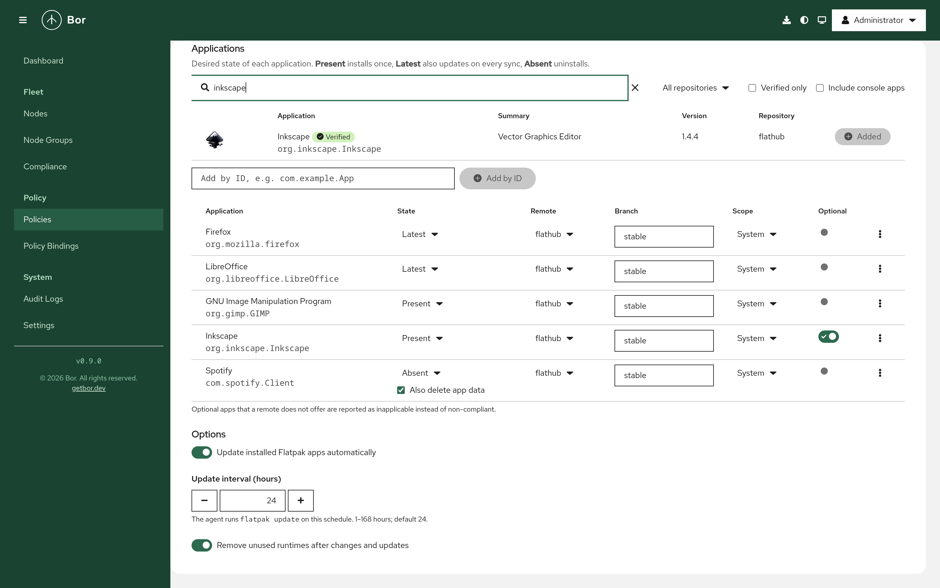 Applications in a Flatpak policy - Firefox and LibreOffice kept at Latest, GIMP and Inkscape Present, Spotify Absent with its data deleted, plus the automatic update options