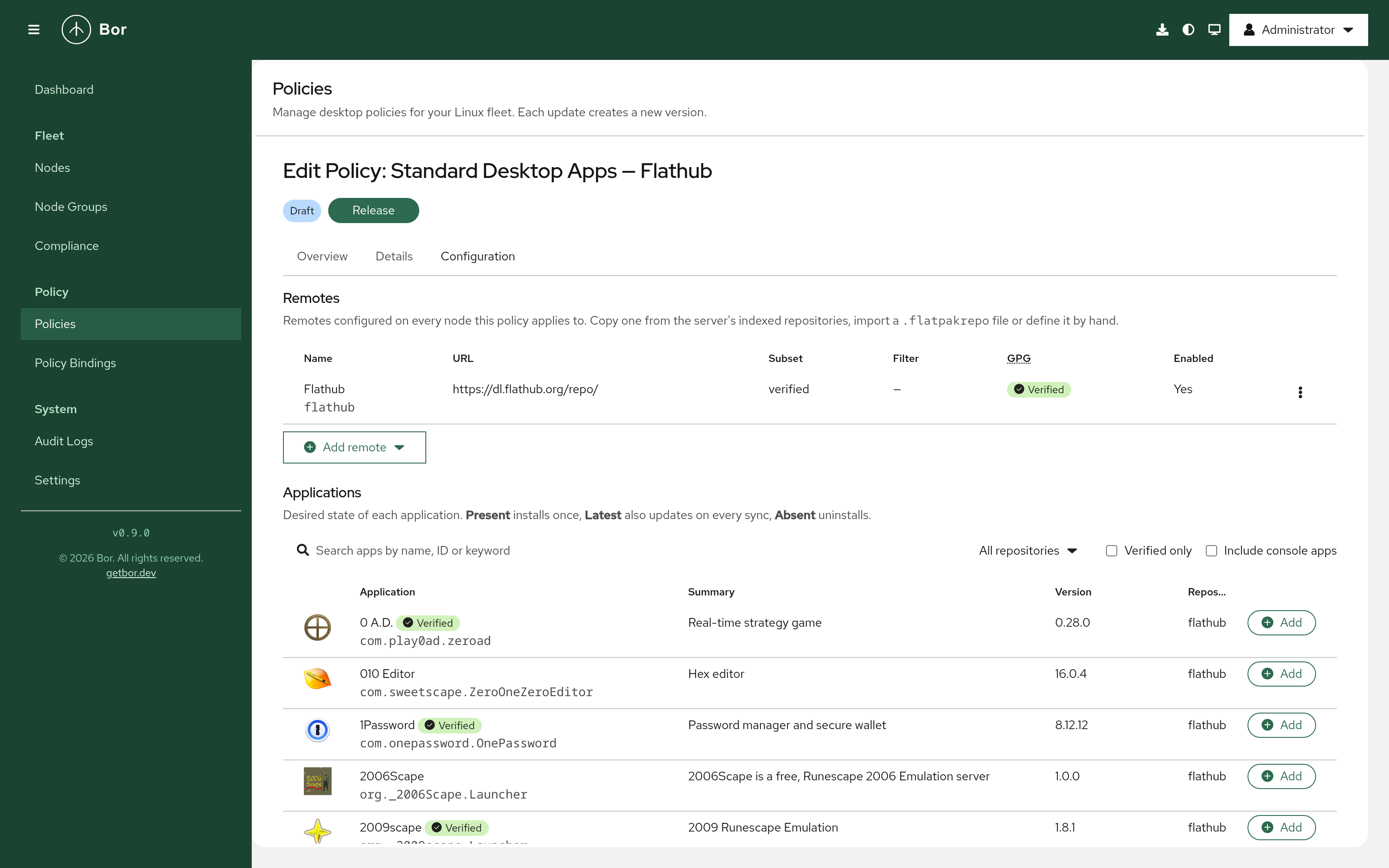 Flatpak policy editor - the flathub remote copied from the server repository (verified subset, GPG verified) and the catalog search below it