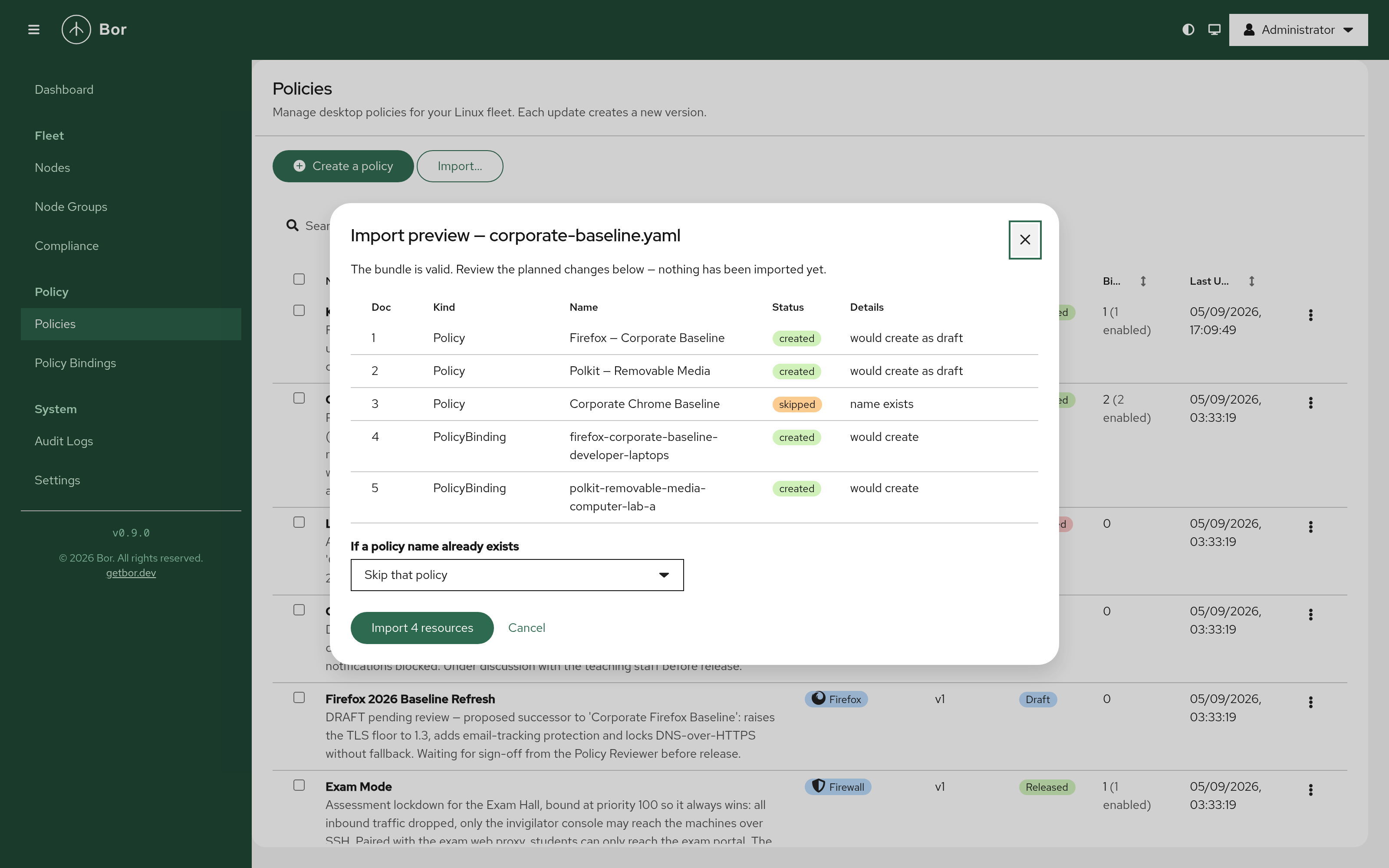 Import preview - a three-policy bundle validated against a running instance, with one existing policy set to be skipped