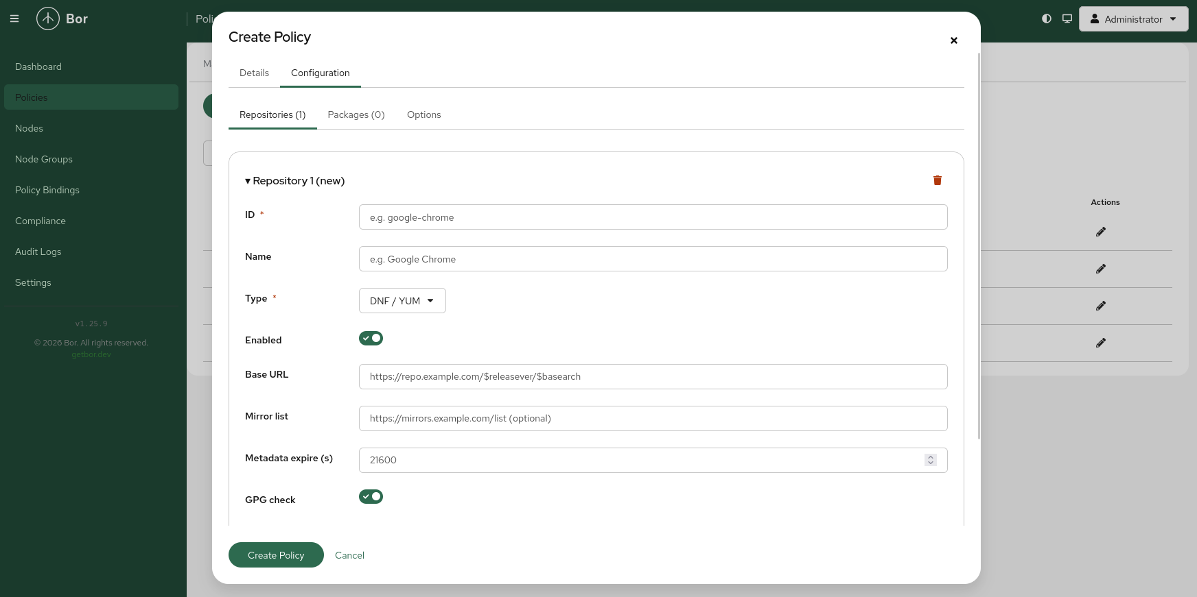 Package Policy — Repositories tab