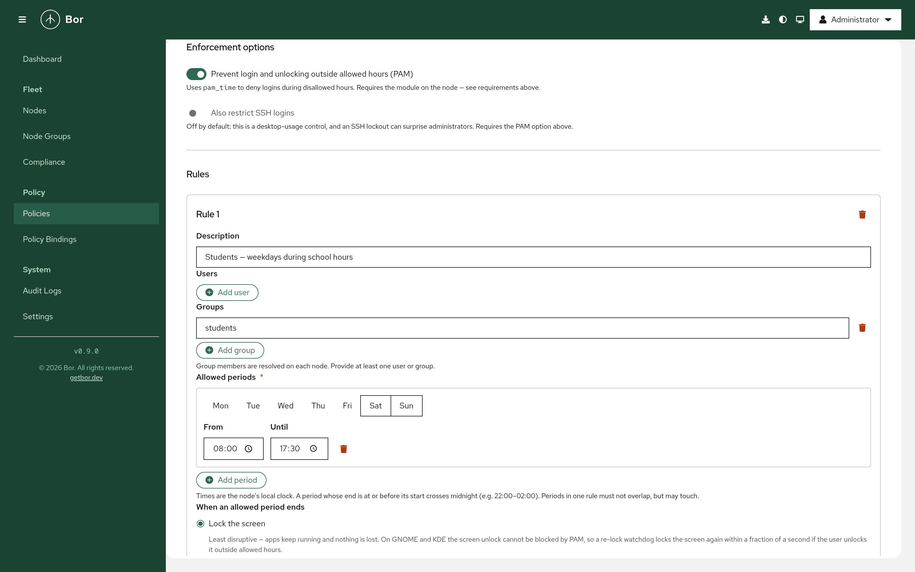 Session Access editor - the PAM enforcement switches and a rule that allows the students group on weekdays 08:00–17:30, locking the screen when the period ends