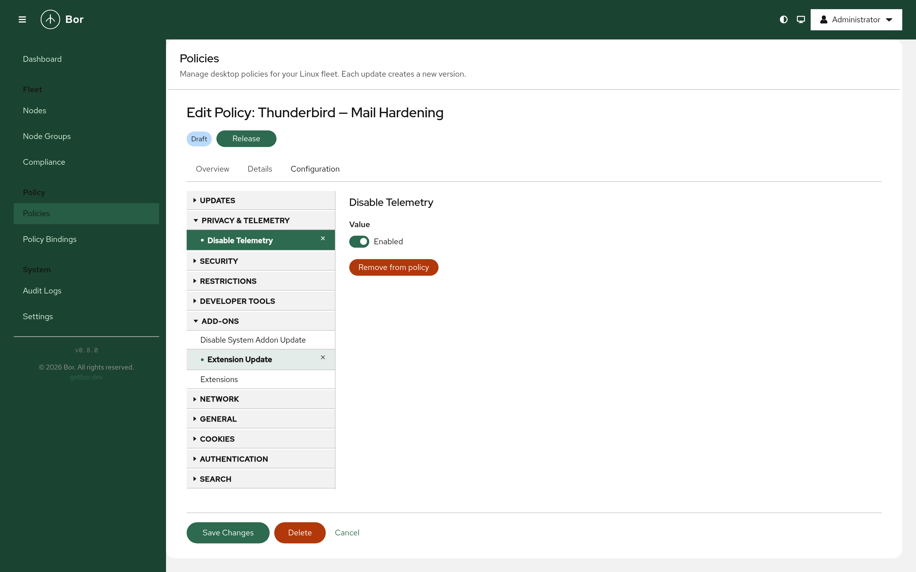 Thunderbird policy in the tree editor — privacy, security, add-ons, and more