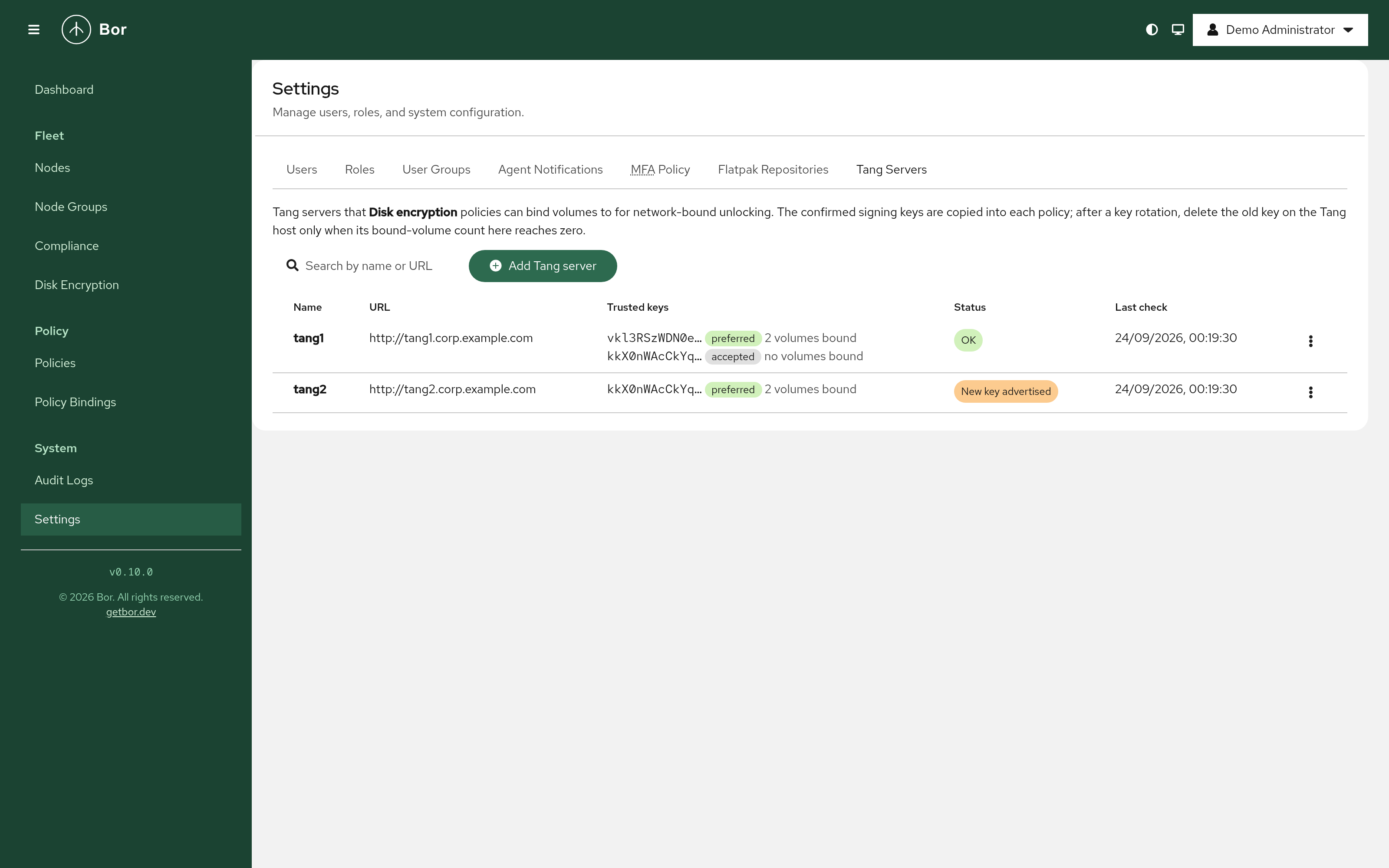 Settings - Tang servers: two registered servers with their trusted signing keys, per-key bound-volume counts, and one server flagged because it advertises a new key after a rotation