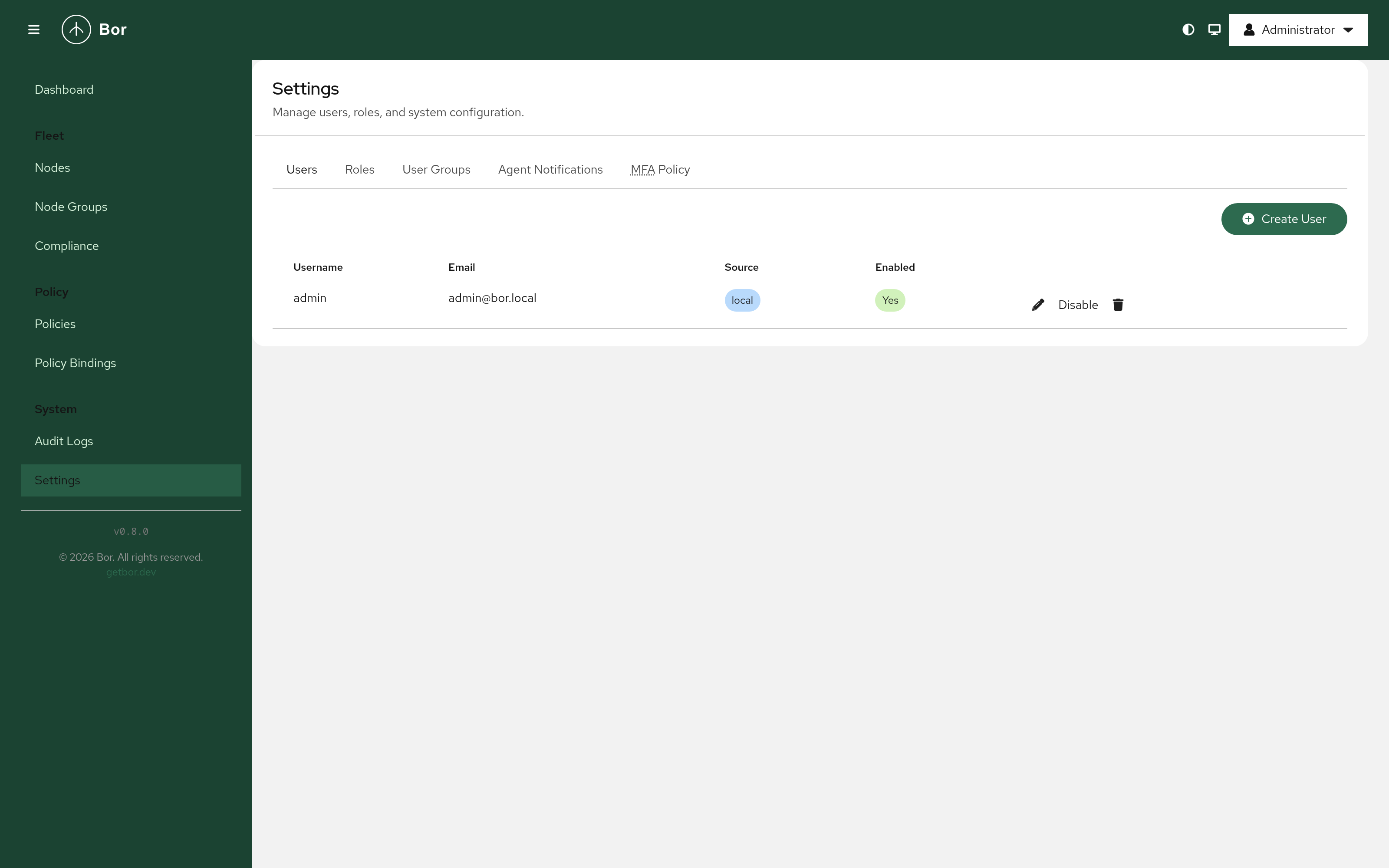 Settings — Users, Roles, and MFA Policy
